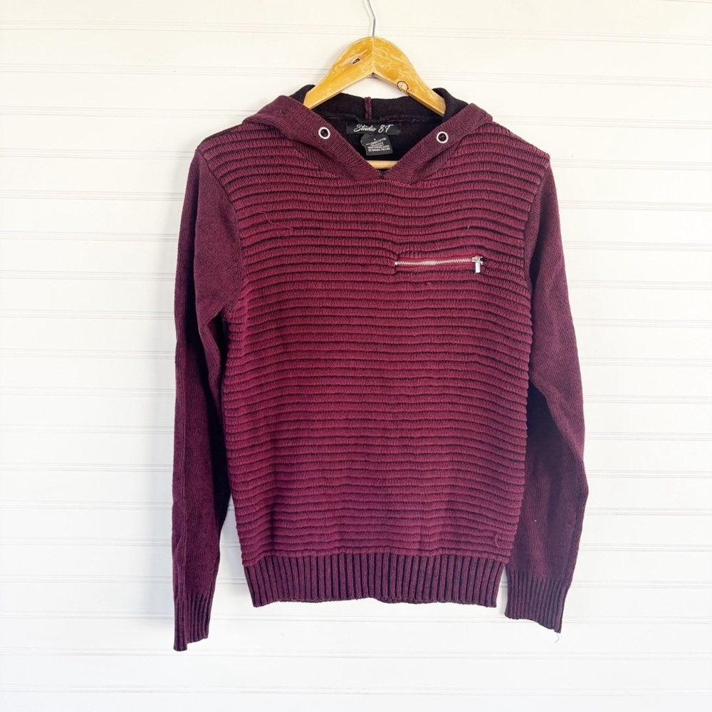 Burgundy Knit Hoodie Sweater